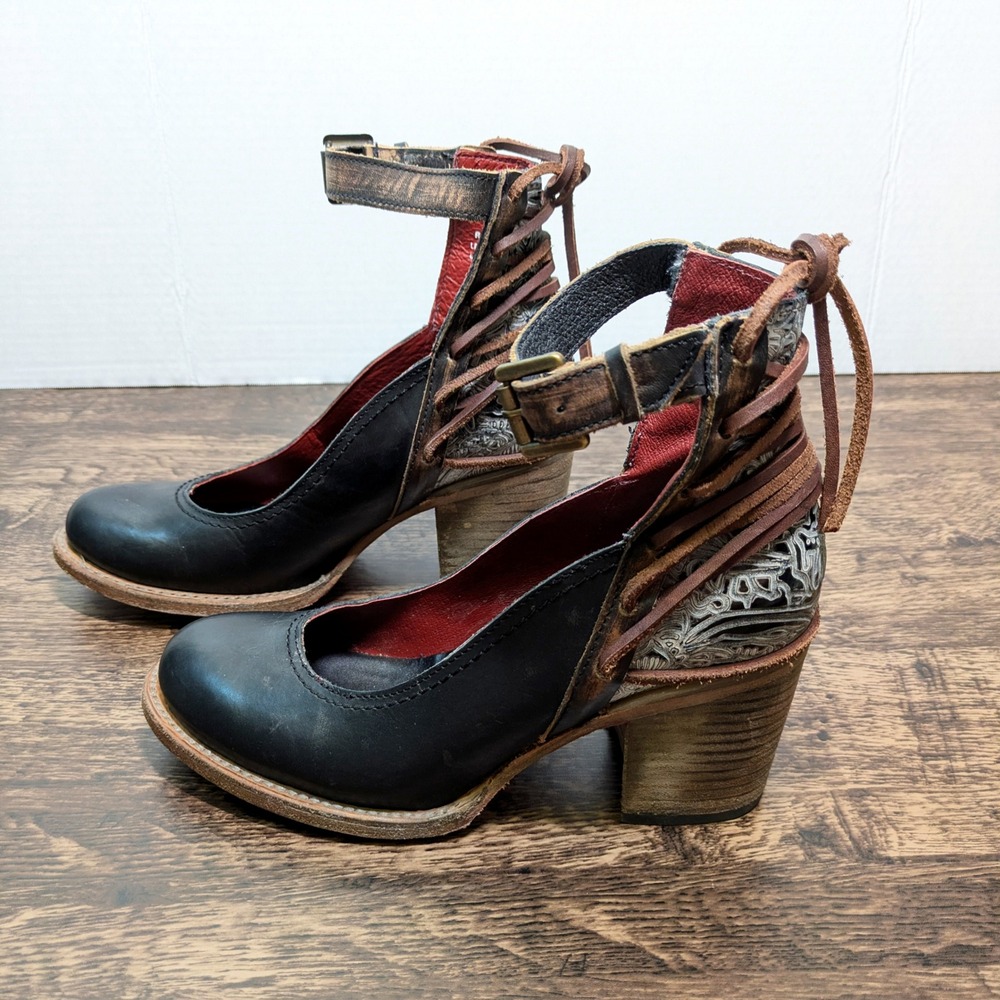 Freebird by Steven Raeanne Black Leather Lace Up Corset Block Heel Pumps 8 Boho
